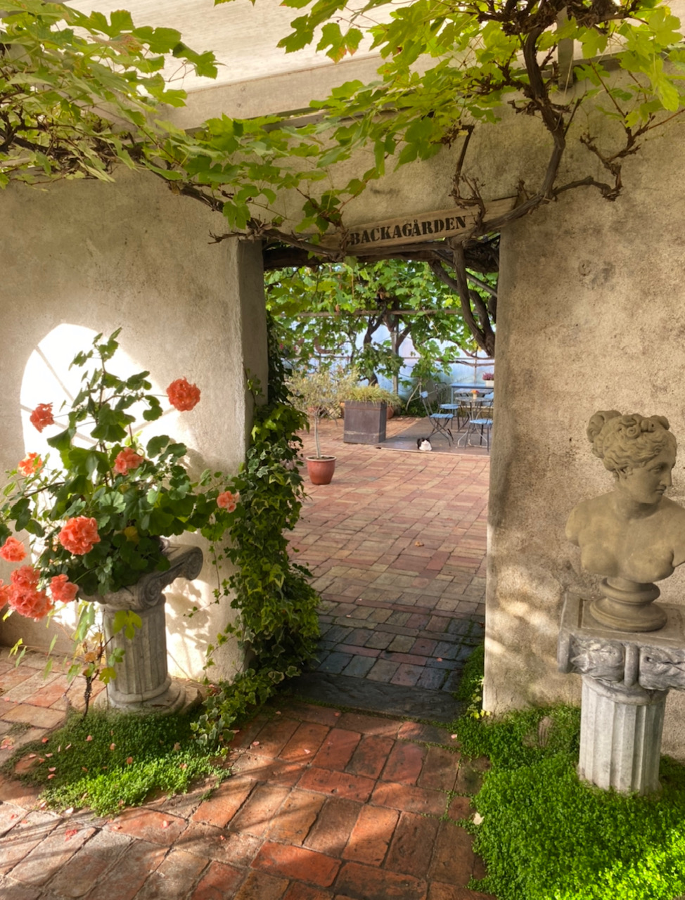 The entrance to Backagården with vines and terracotta tiles